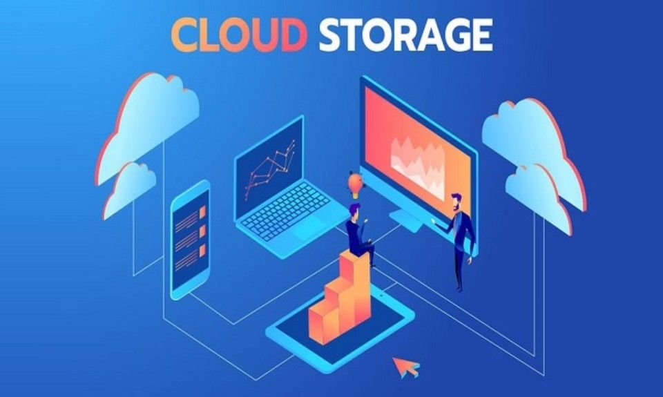 An illustration showing cloud storage with a laptop, smartphone, and a person on a platform.